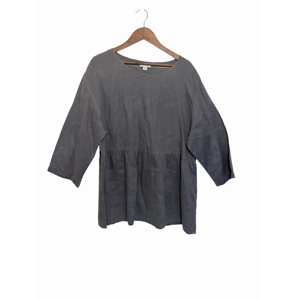 Pure Jill 100% Linen Tunic Top Womens Size M Gray Empire Waist 3/4 Sleeve
